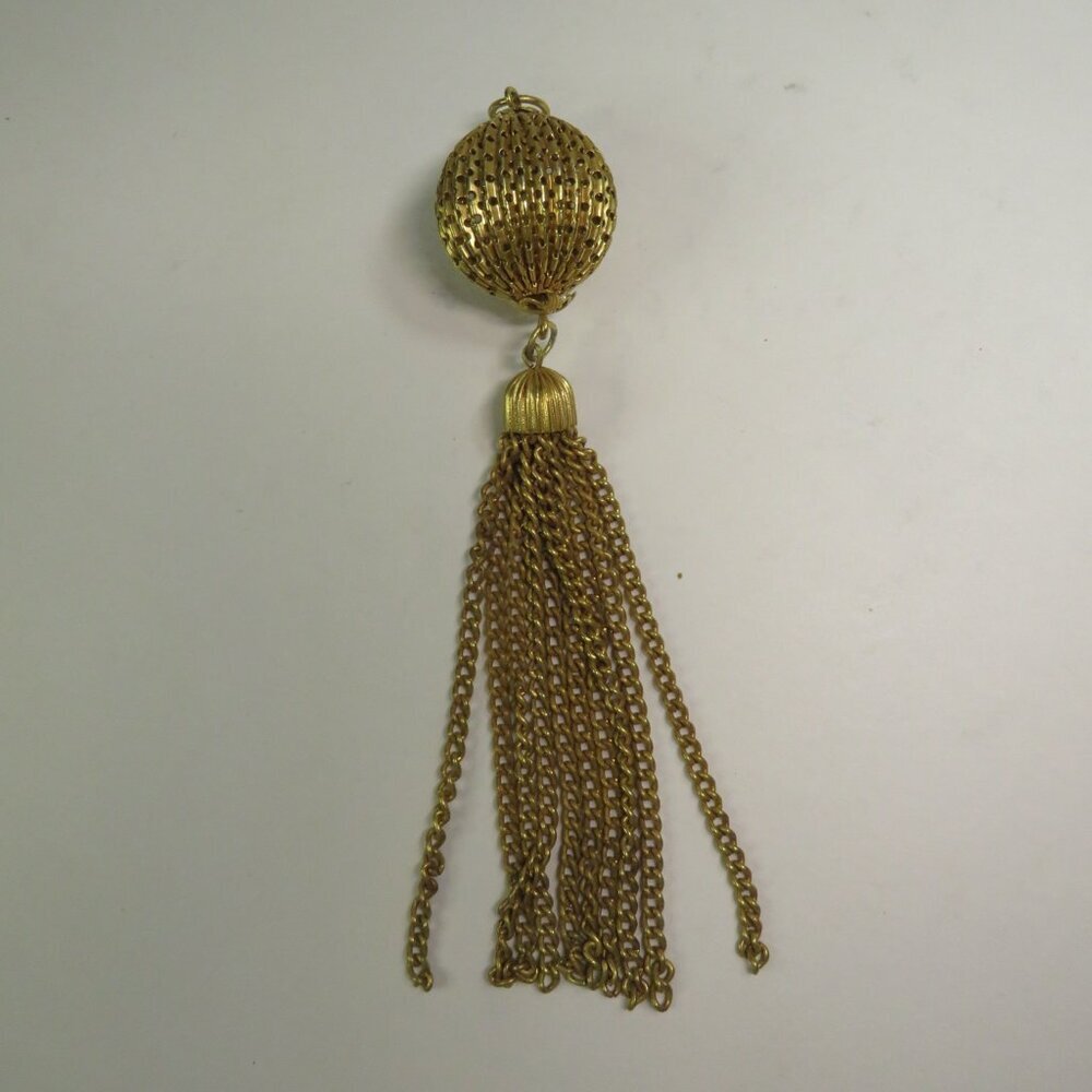 Victorian Revival Ball-and-Tassel Pendant METAL Vintage 5" tall 1960s Gold tone